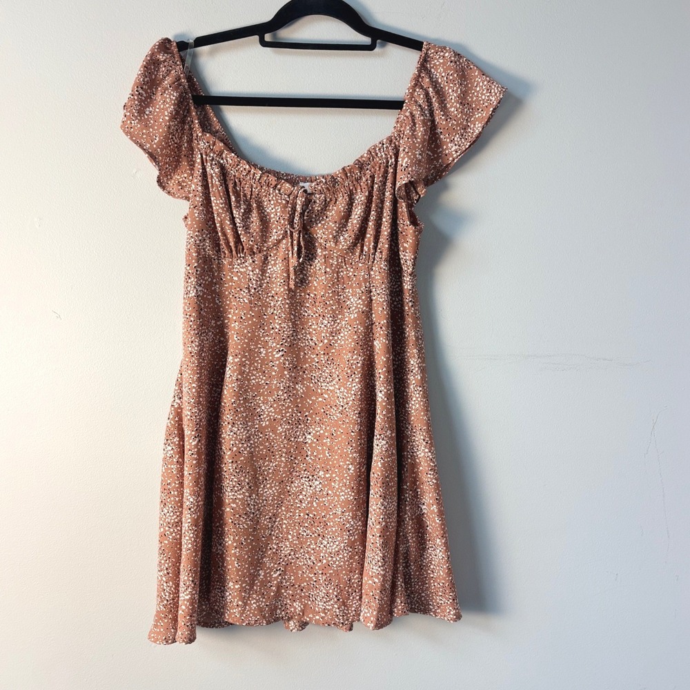 Lush Rust Dotted Flutter Sleeve Mini‎ Dress Smocked Back Flirty Flowy Small